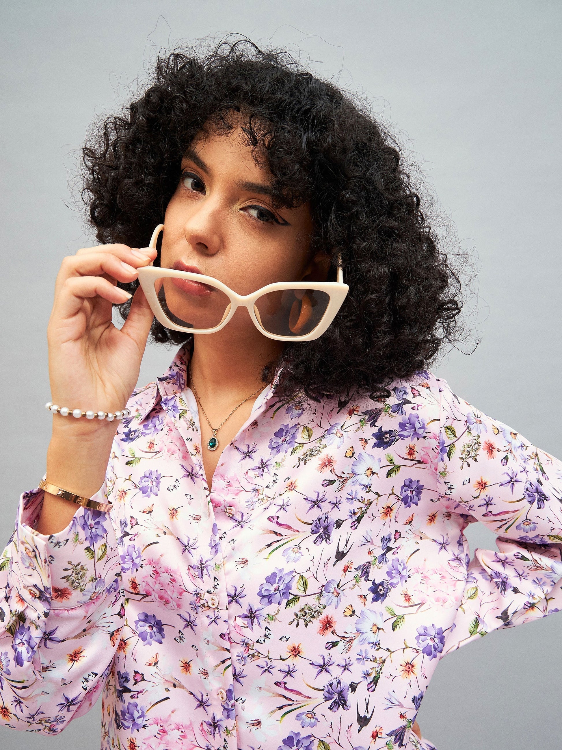 Pink Satin Floral Oversized Shirt-SASSAFRAS