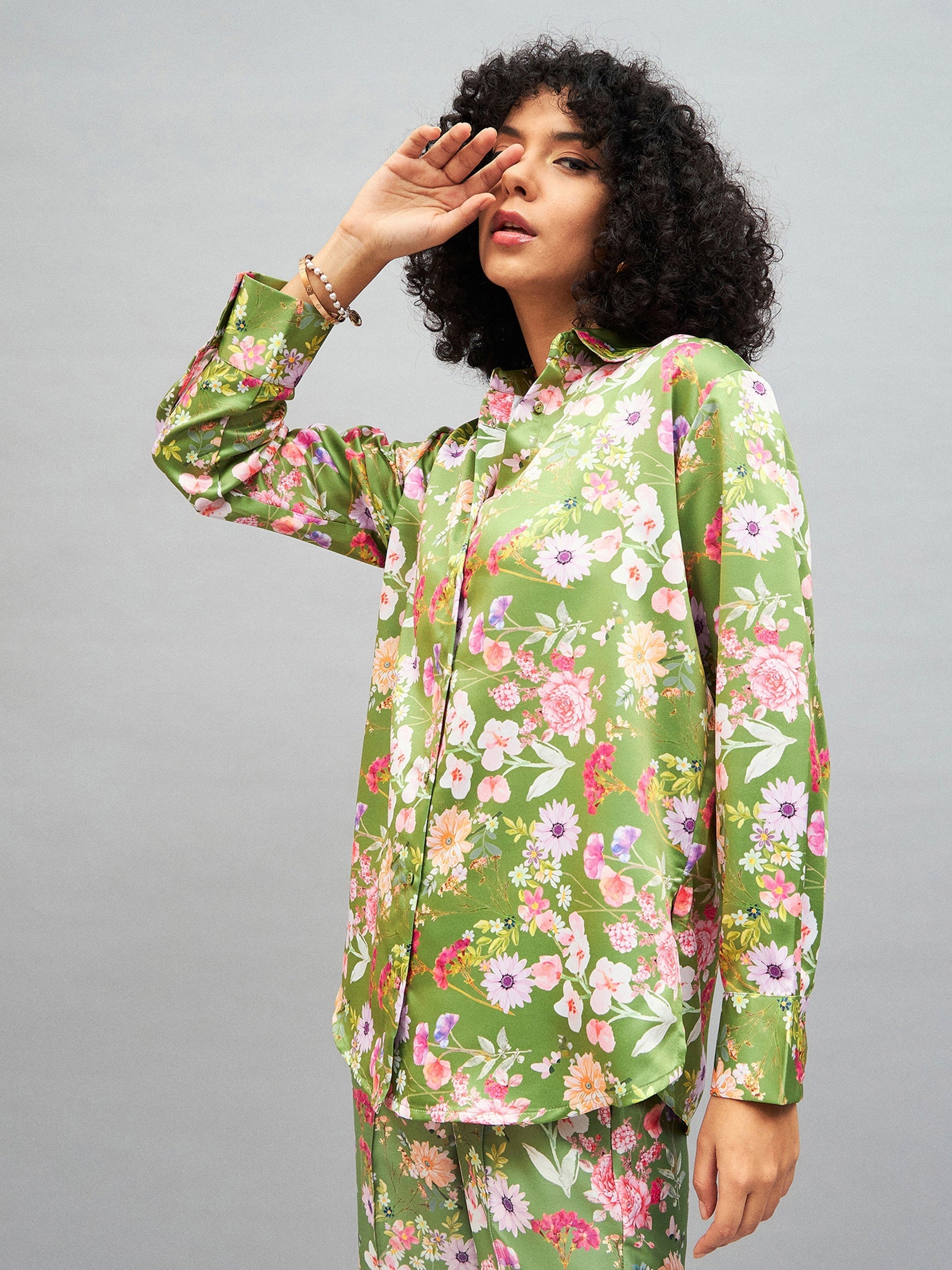 Olive Satin Floral Oversized Shirt-SASSAFRAS