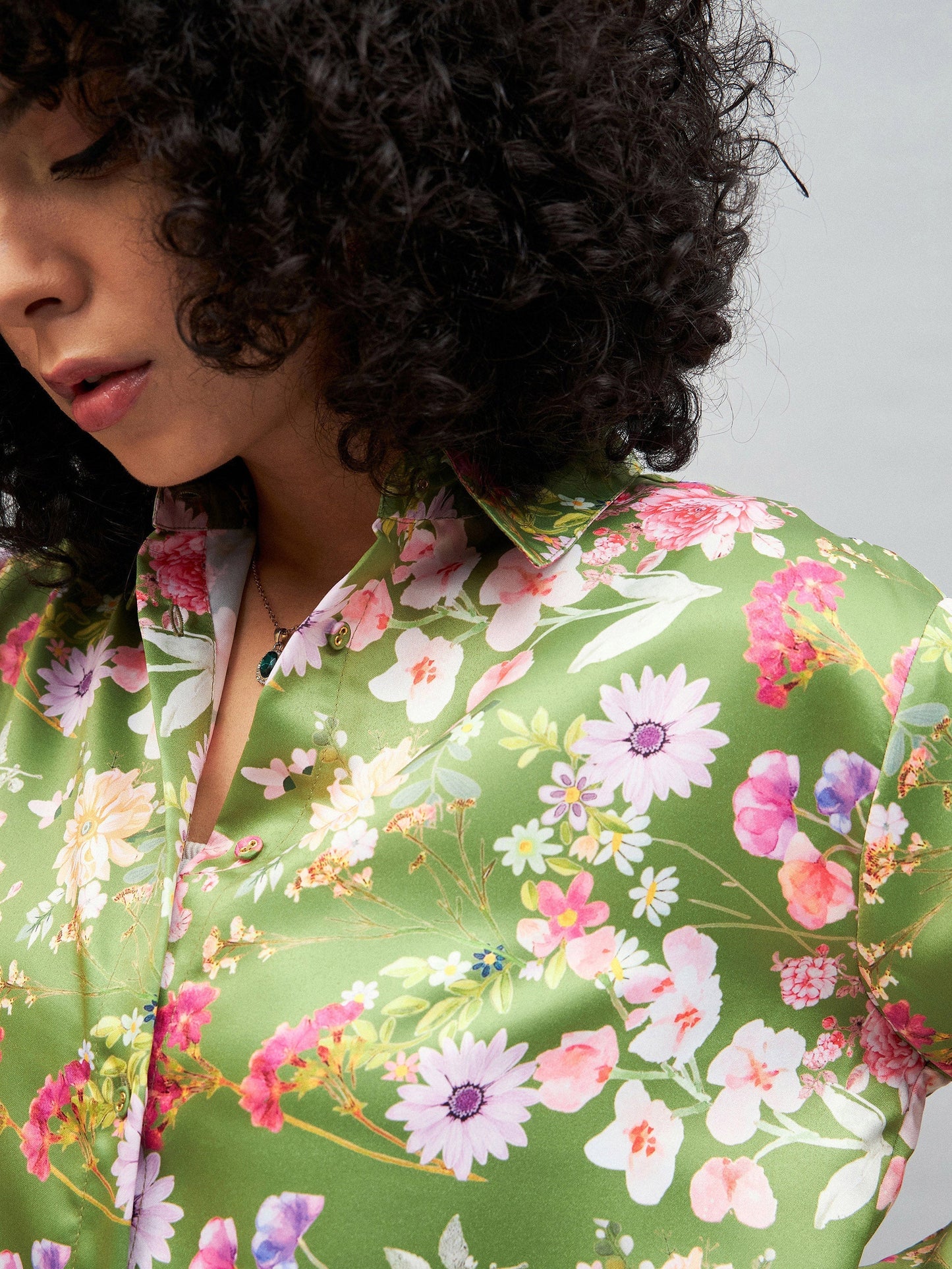 Olive Satin Floral Oversized Shirt-SASSAFRAS