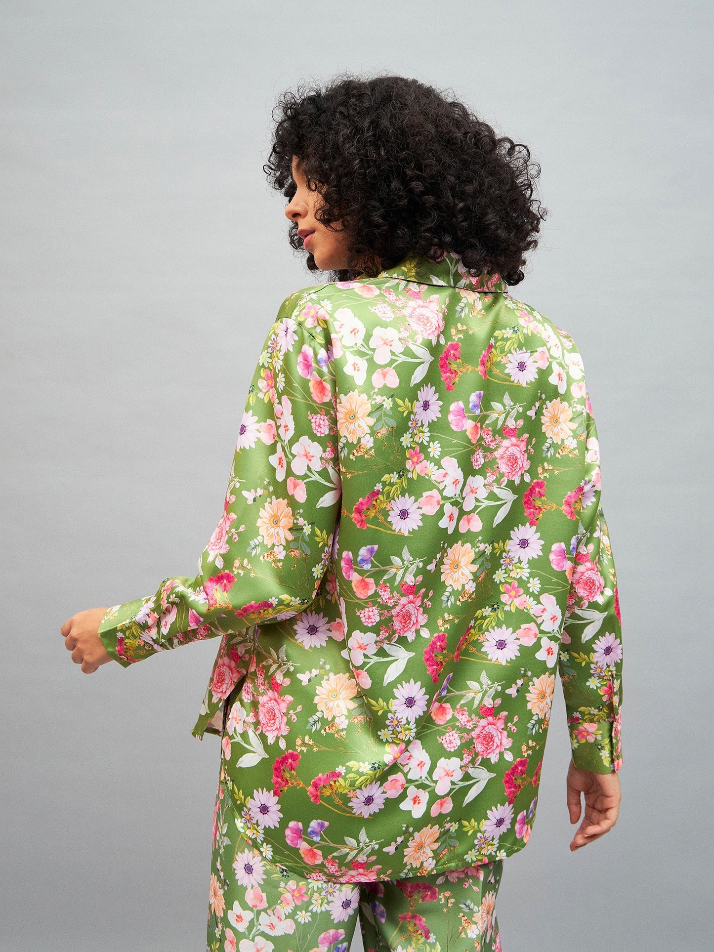 Olive Satin Floral Oversized Shirt-SASSAFRAS