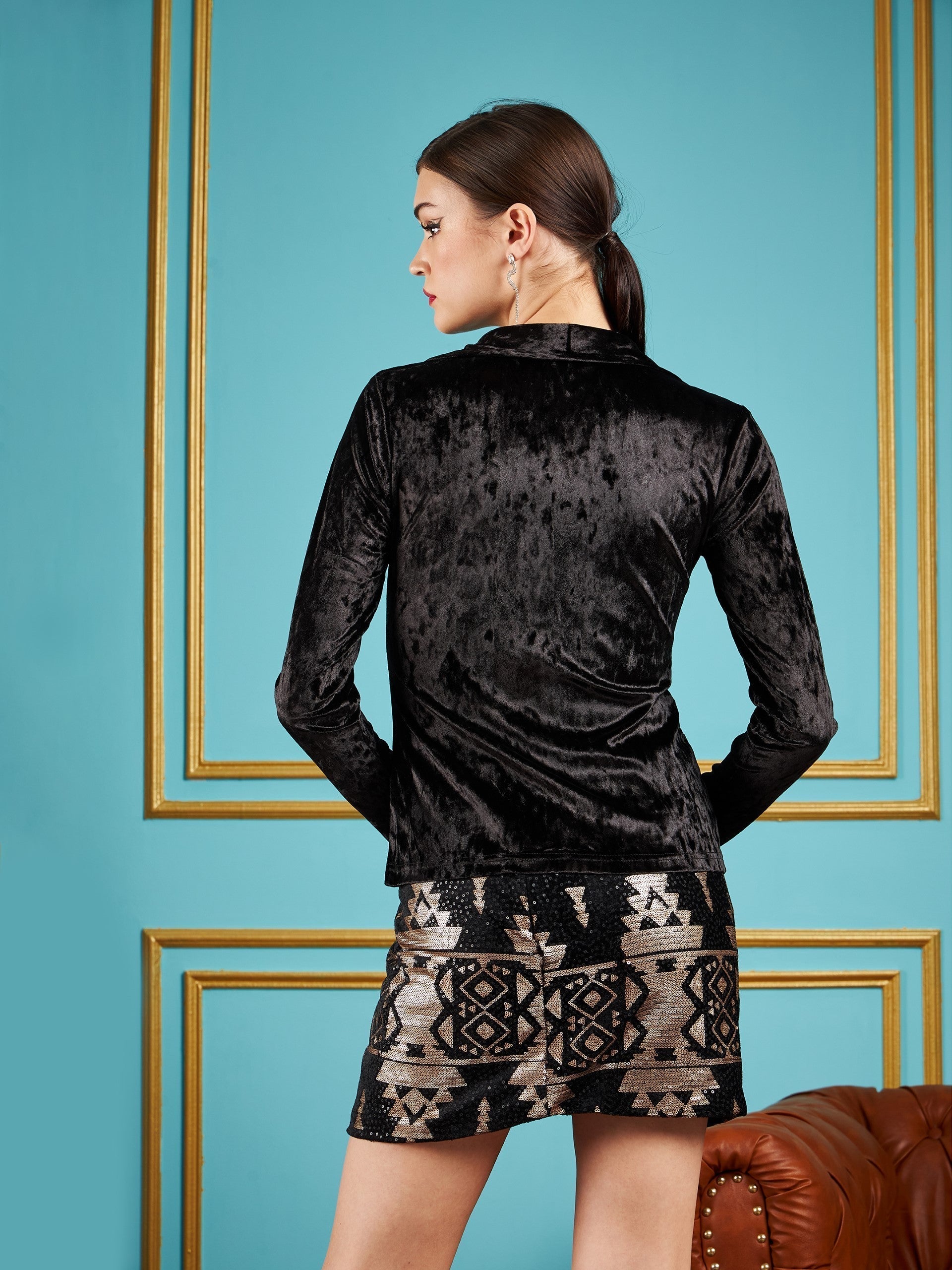 Black Velvet Ruched Shirt-SASSAFRAS