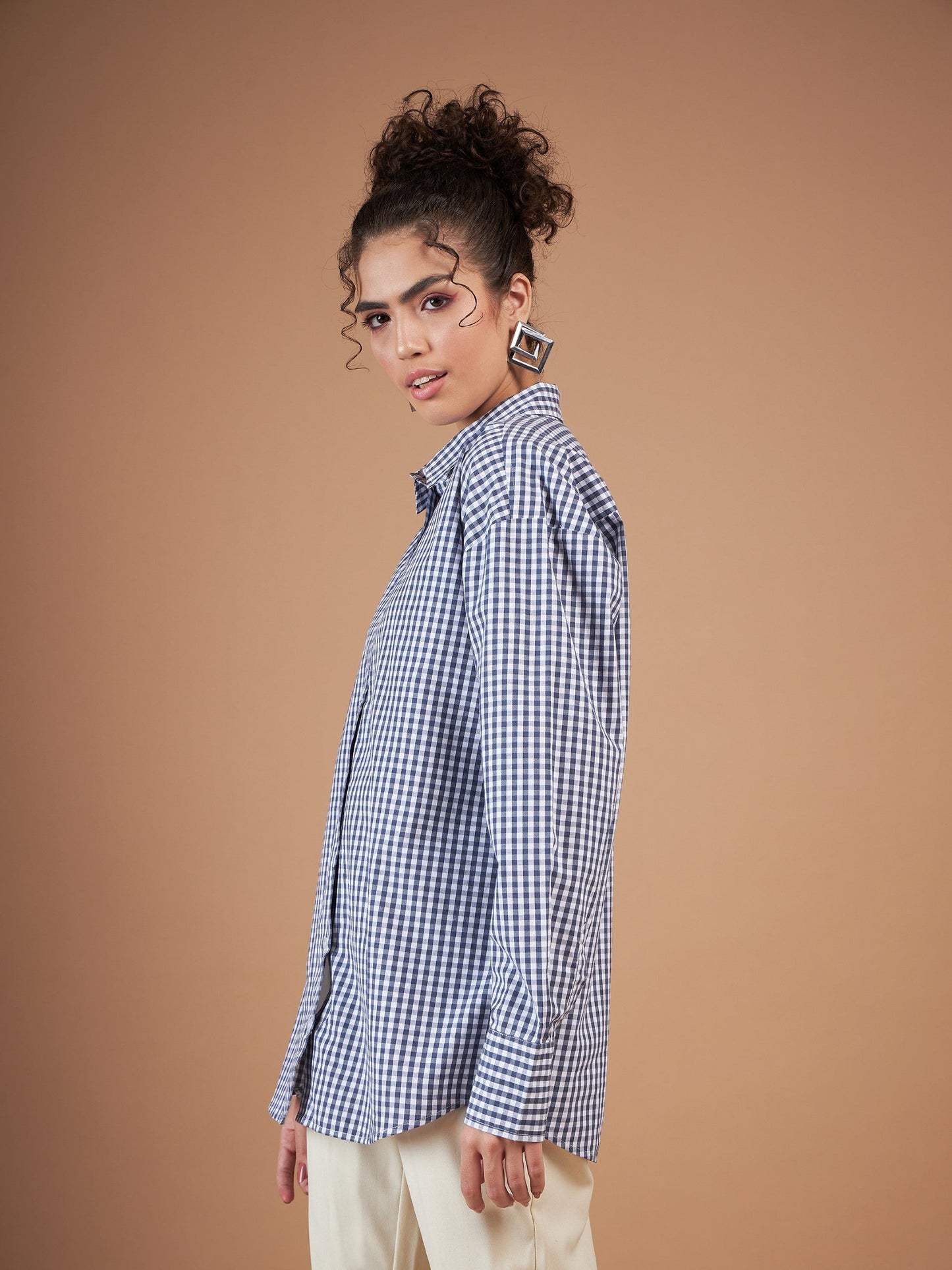 Women Navy & White Yarn Dyed Check Oversized Shirt