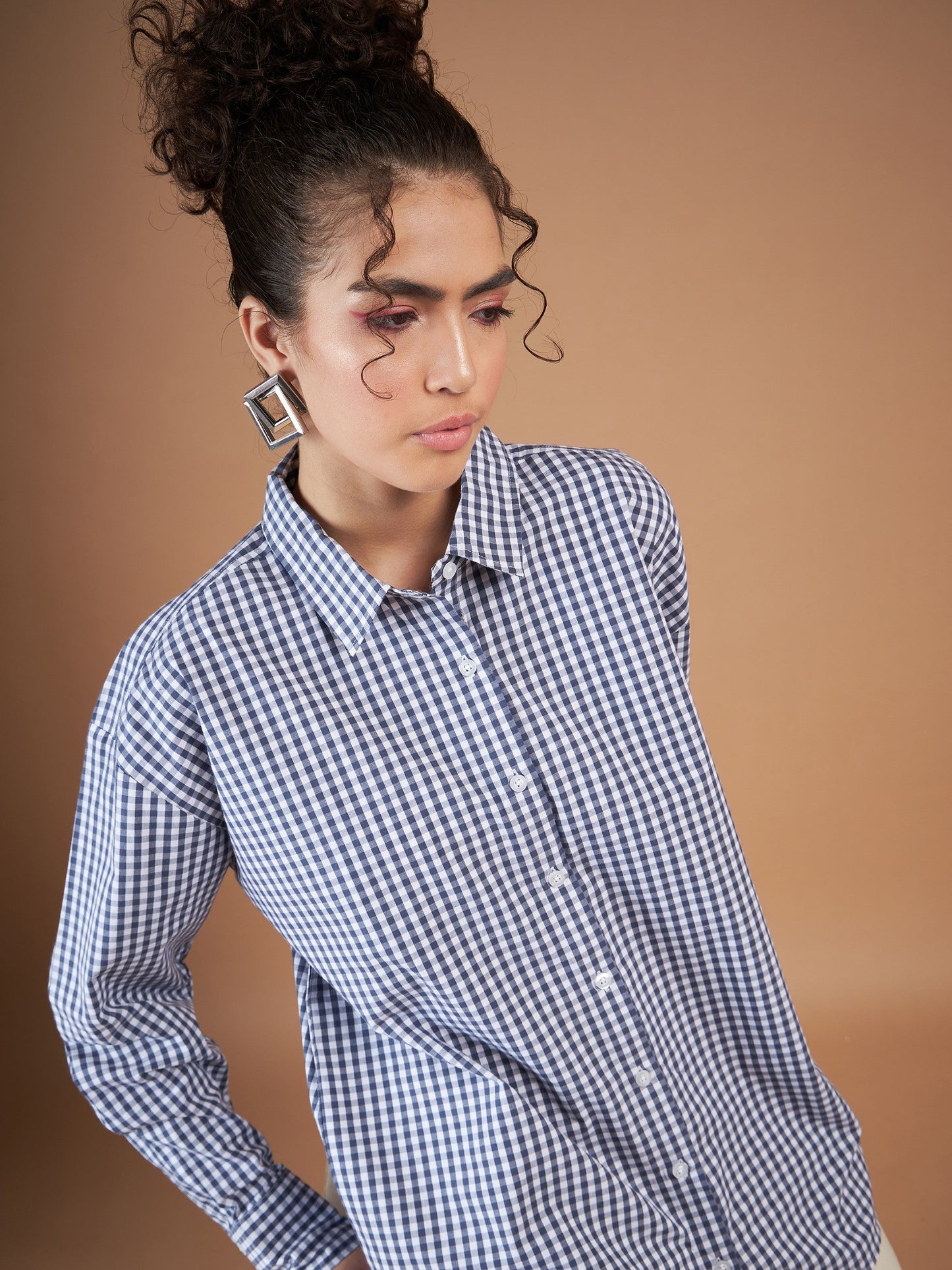 Women Navy & White Yarn Dyed Check Oversized Shirt