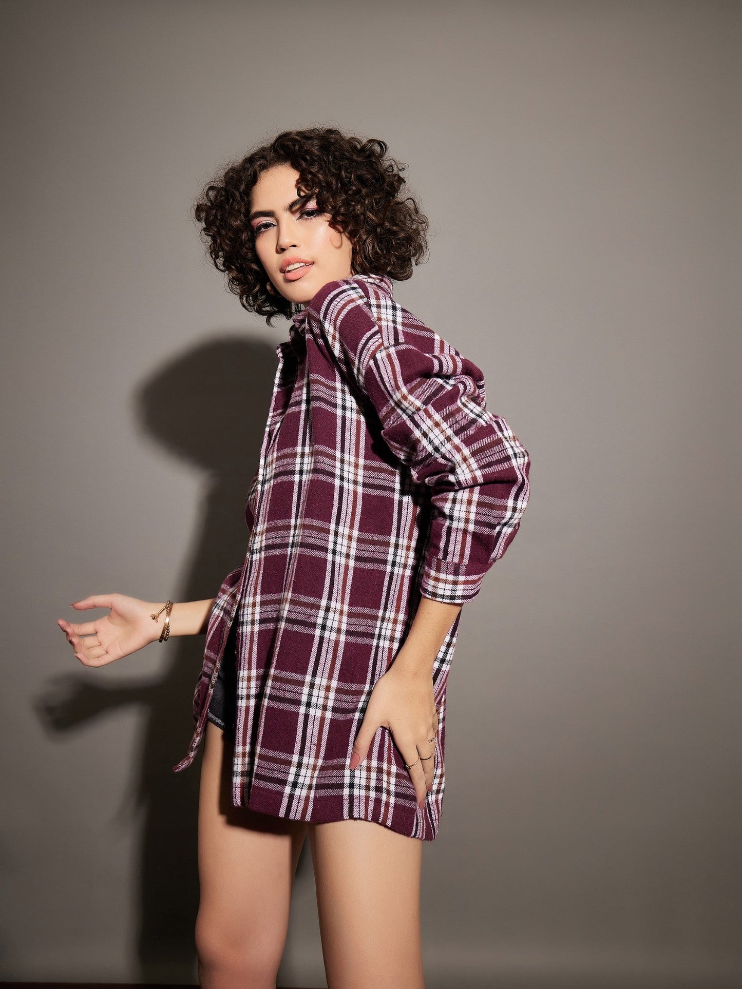 Women Maroon Yarndyed Back Cris Cross Detail Oversized Shirt