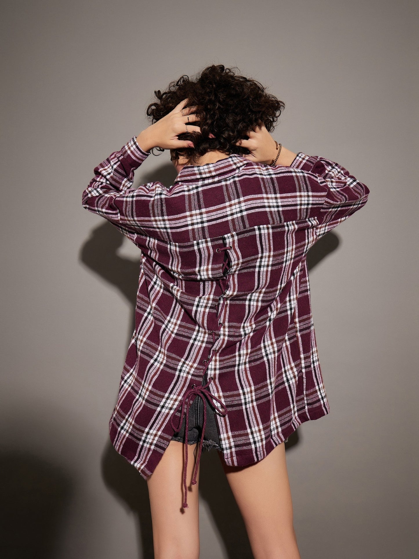 Women Maroon Yarndyed Back Cris Cross Detail Oversized Shirt