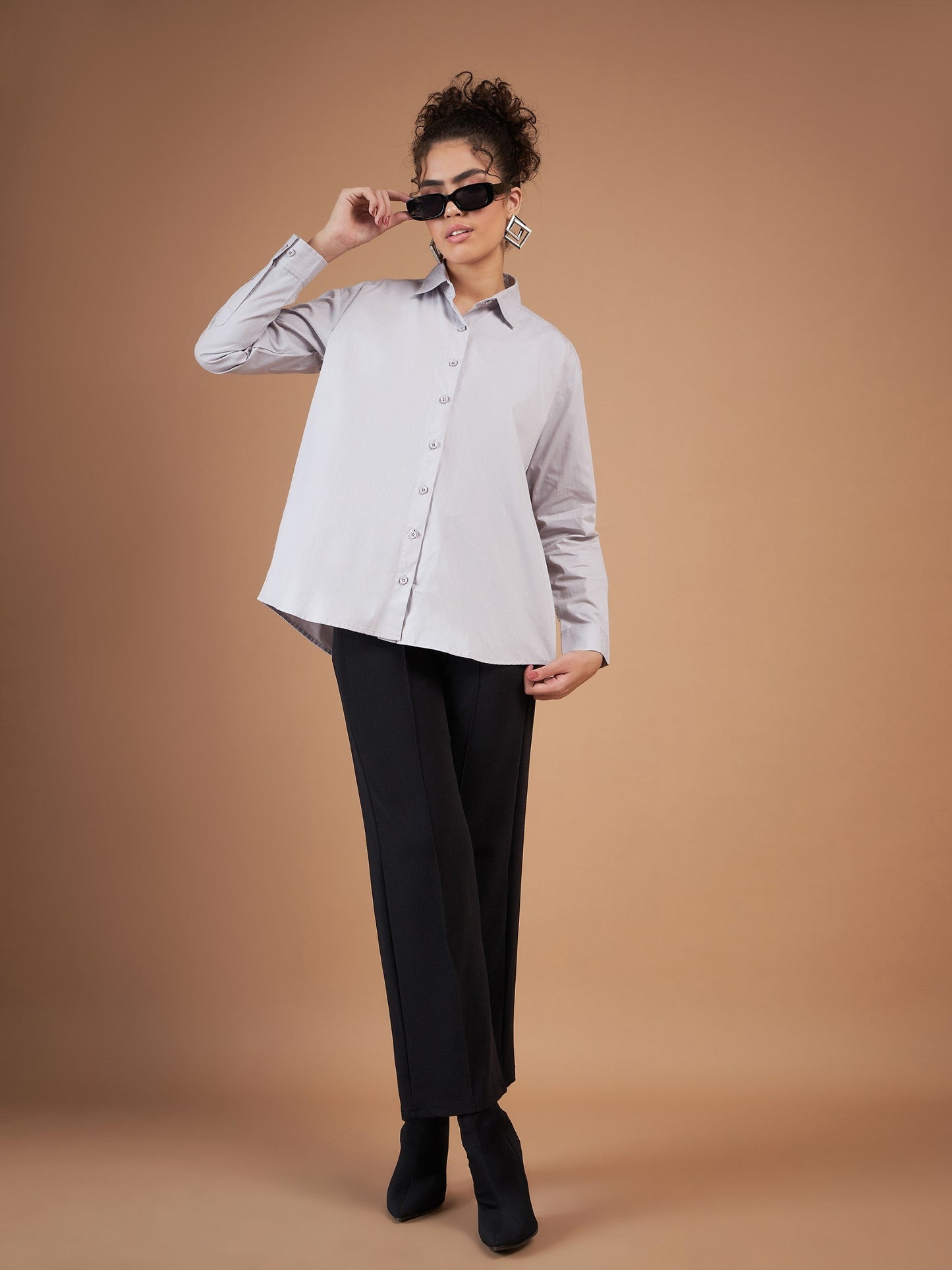 Grey Cotton Poplin Back Placket Shirt-SASSAFRAS