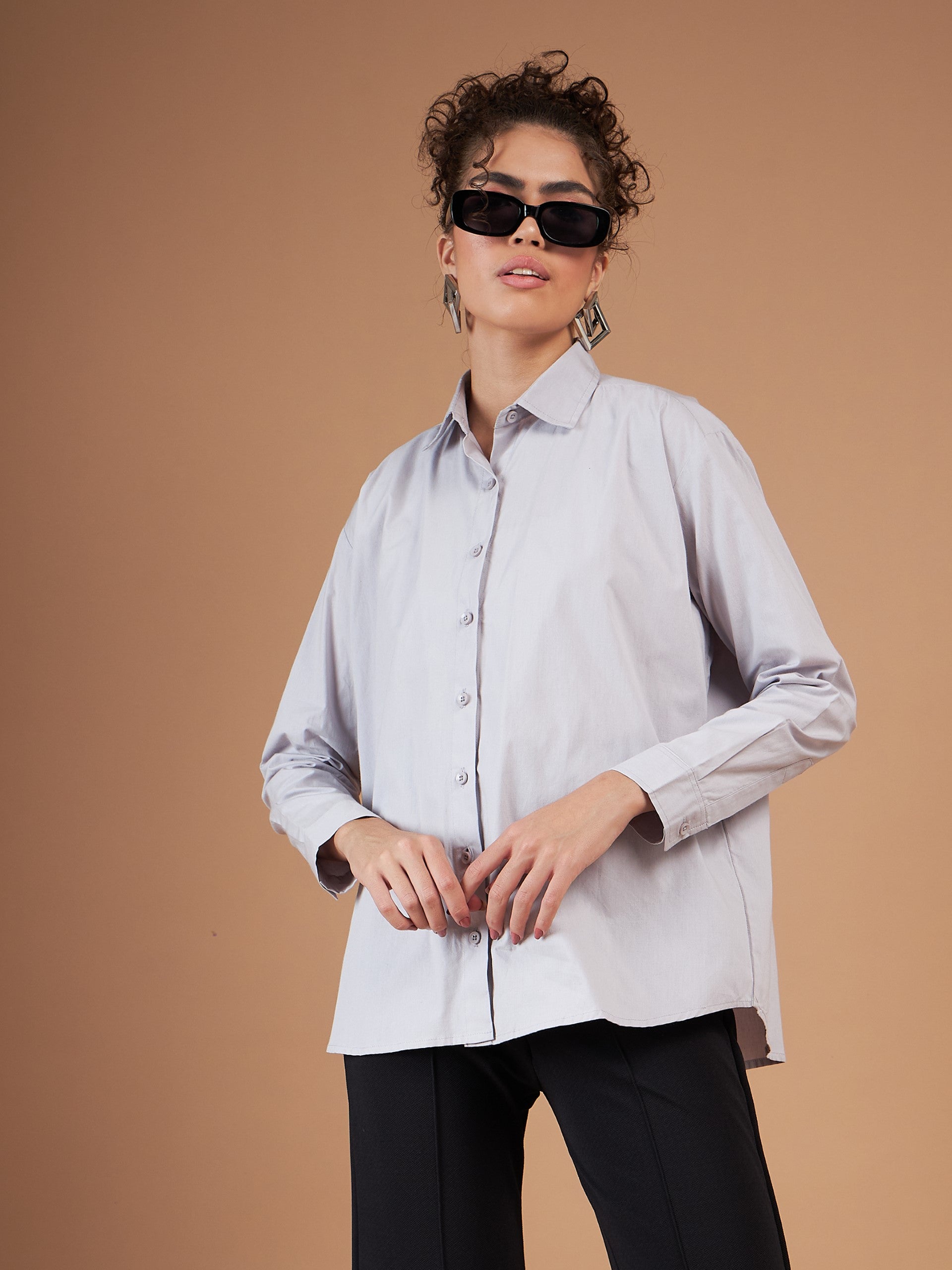 Grey Cotton Poplin Back Placket Shirt-SASSAFRAS