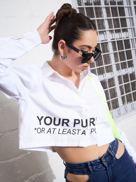 Women White Poplin Find Your Purpose Crop Shirt