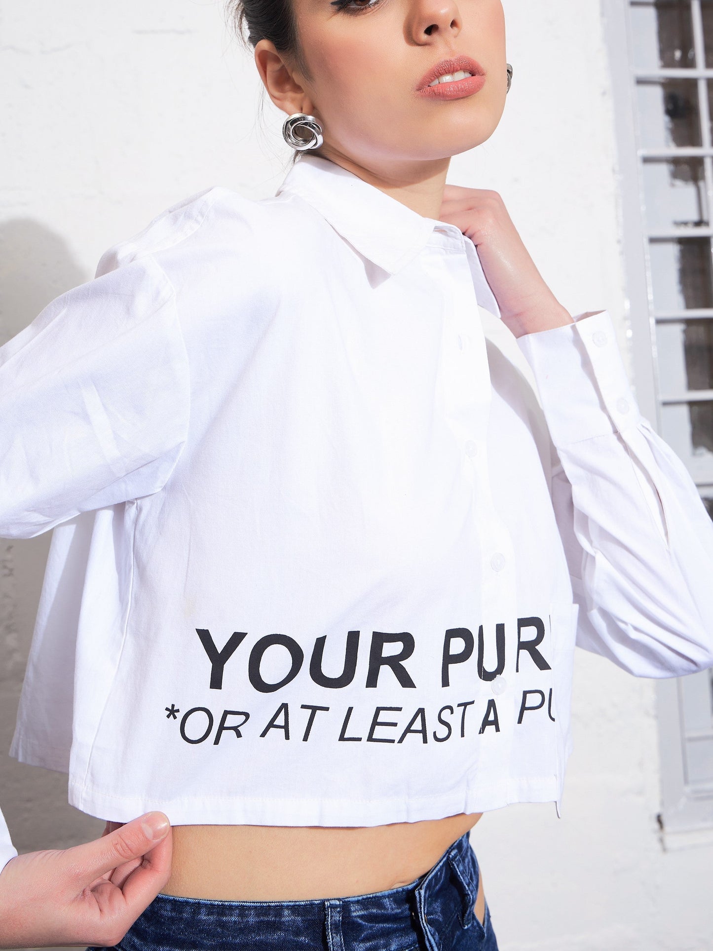 Women White Poplin Find Your Purpose Crop Shirt