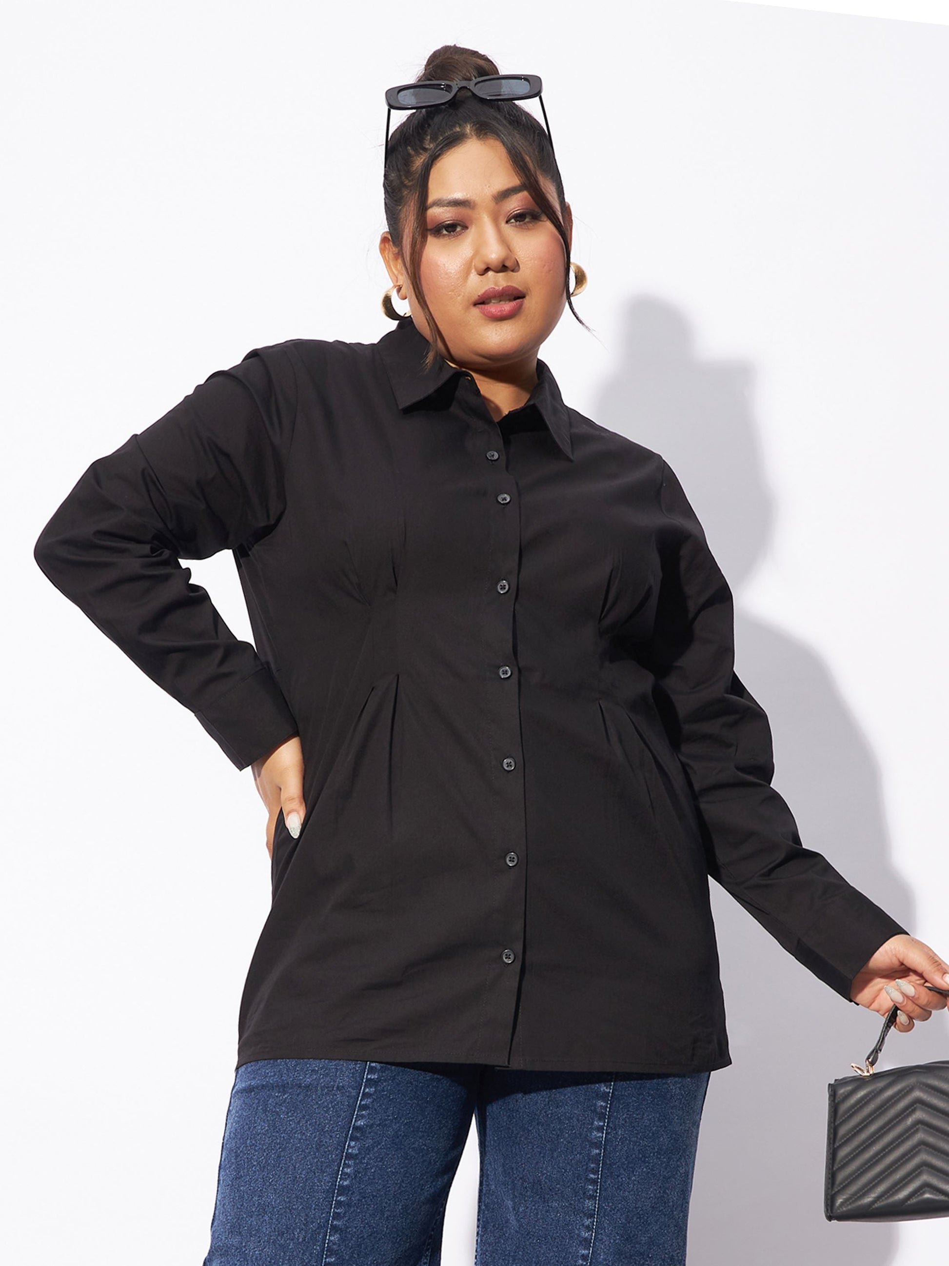 Black Poplin Pleated Slim Waist Shirt-SASSAFRAS Curve