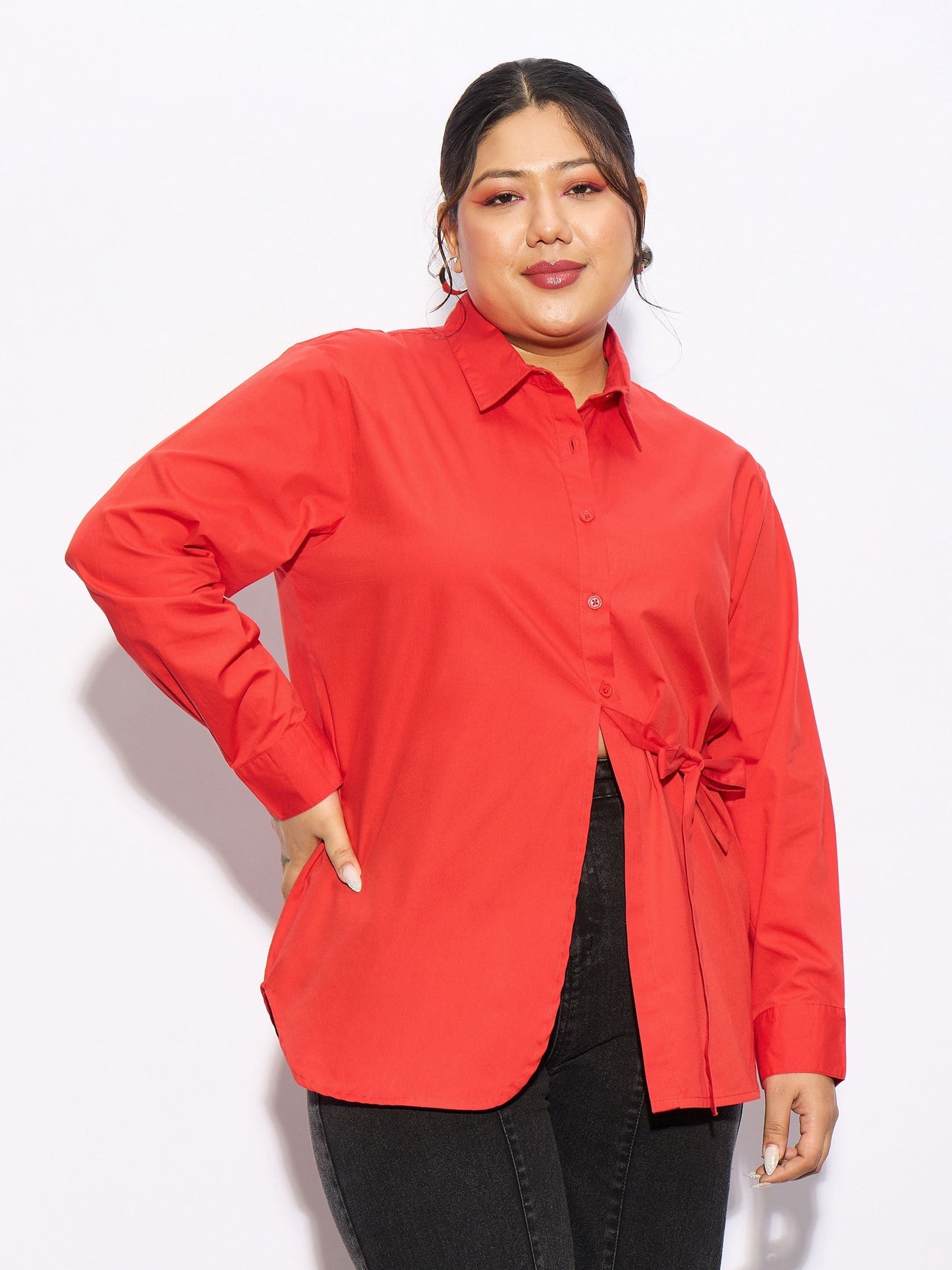 Red Poplin Tie Up Shirt-SASSAFRAS Curve