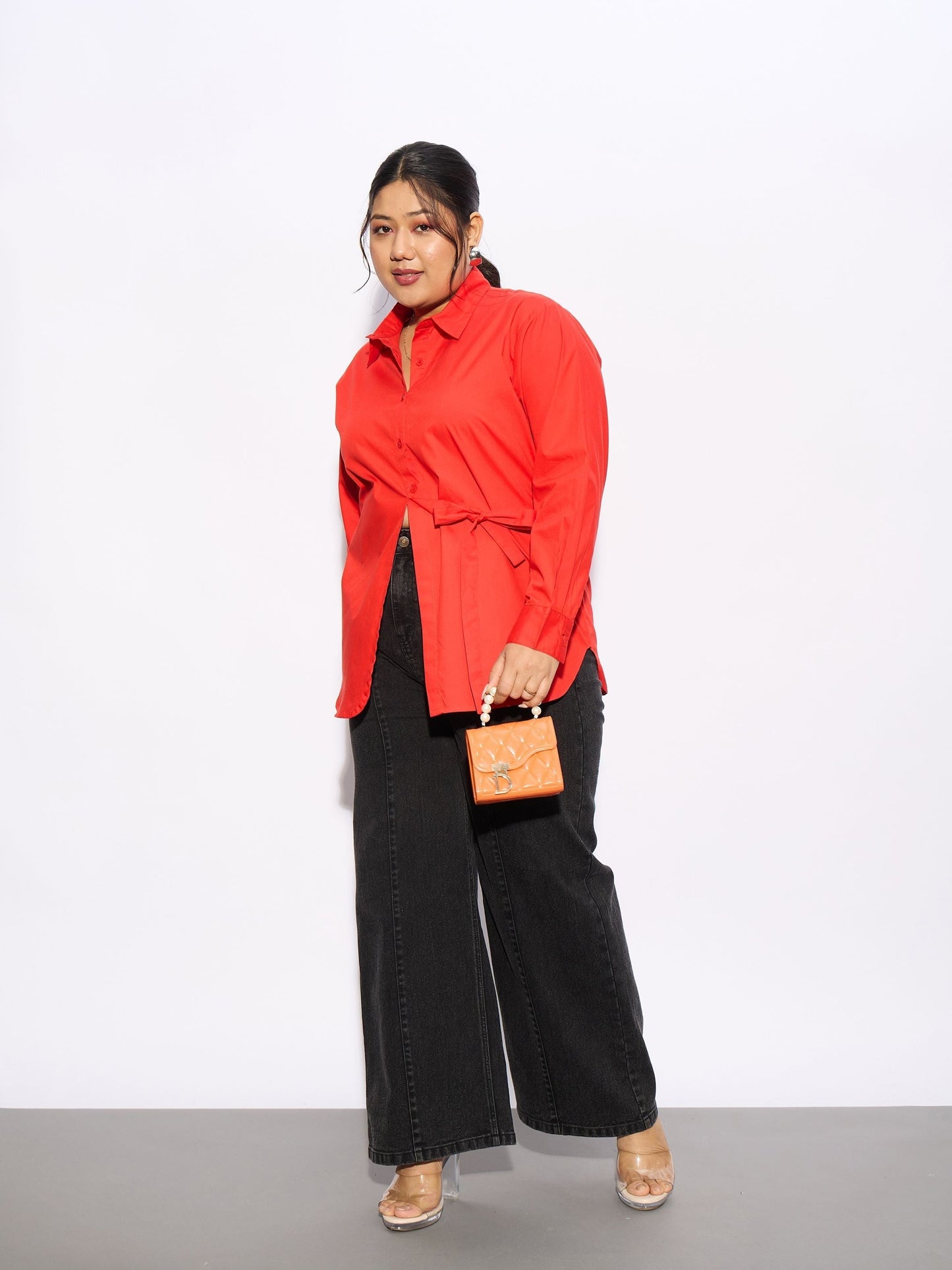 Red Poplin Tie Up Shirt-SASSAFRAS Curve