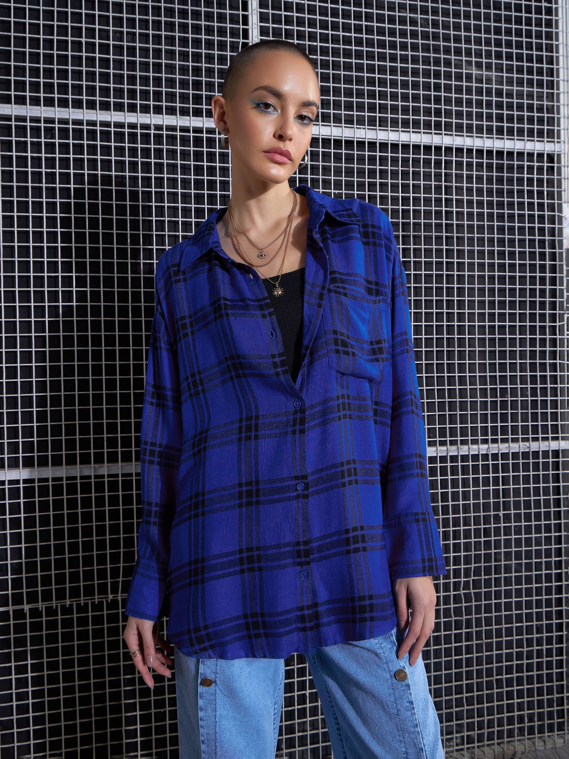 Royal Blue Yarn Dyed Check Oversized Shirt-SASSAFRAS