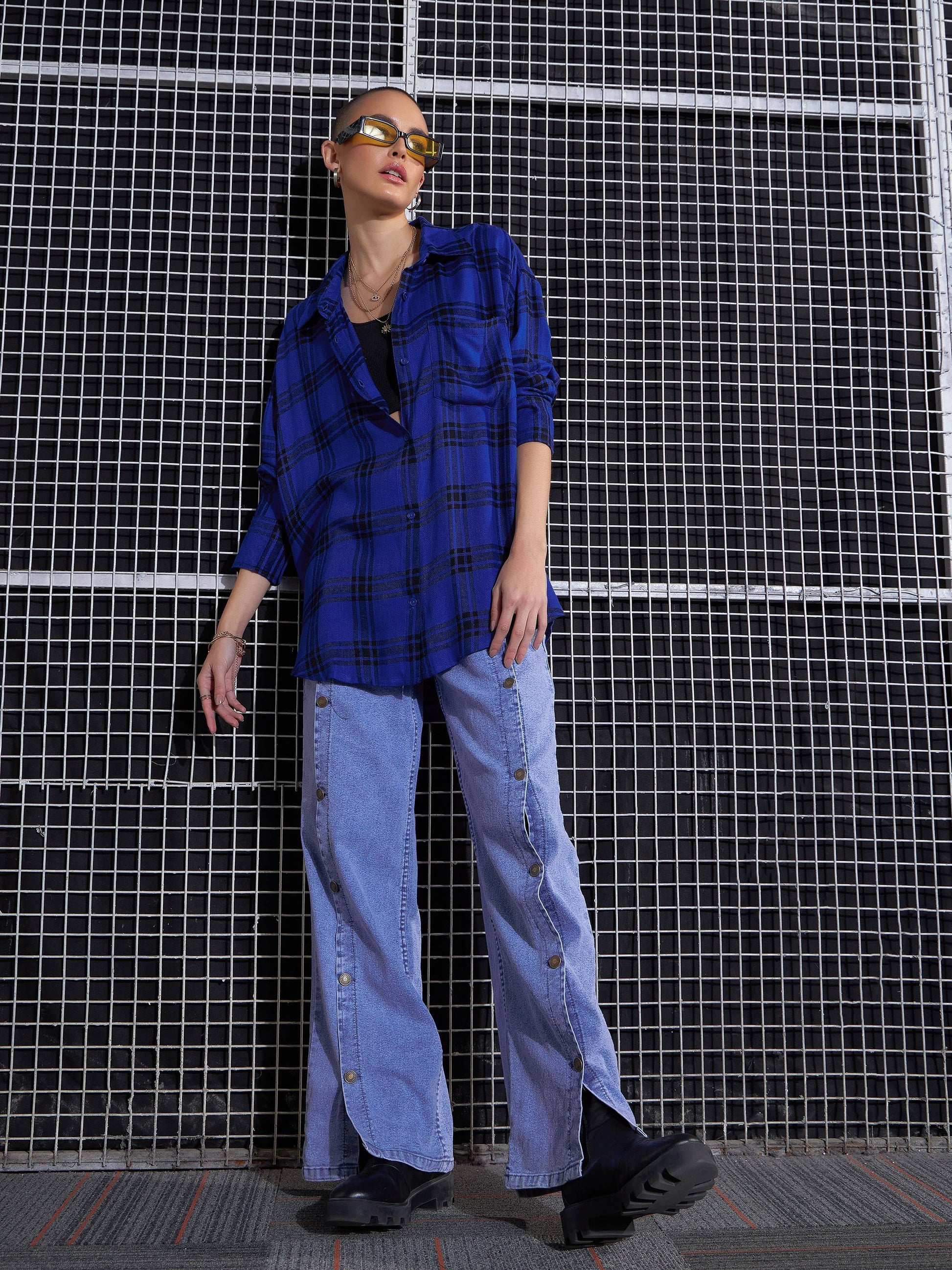 Royal Blue Yarn Dyed Check Oversized Shirt-SASSAFRAS