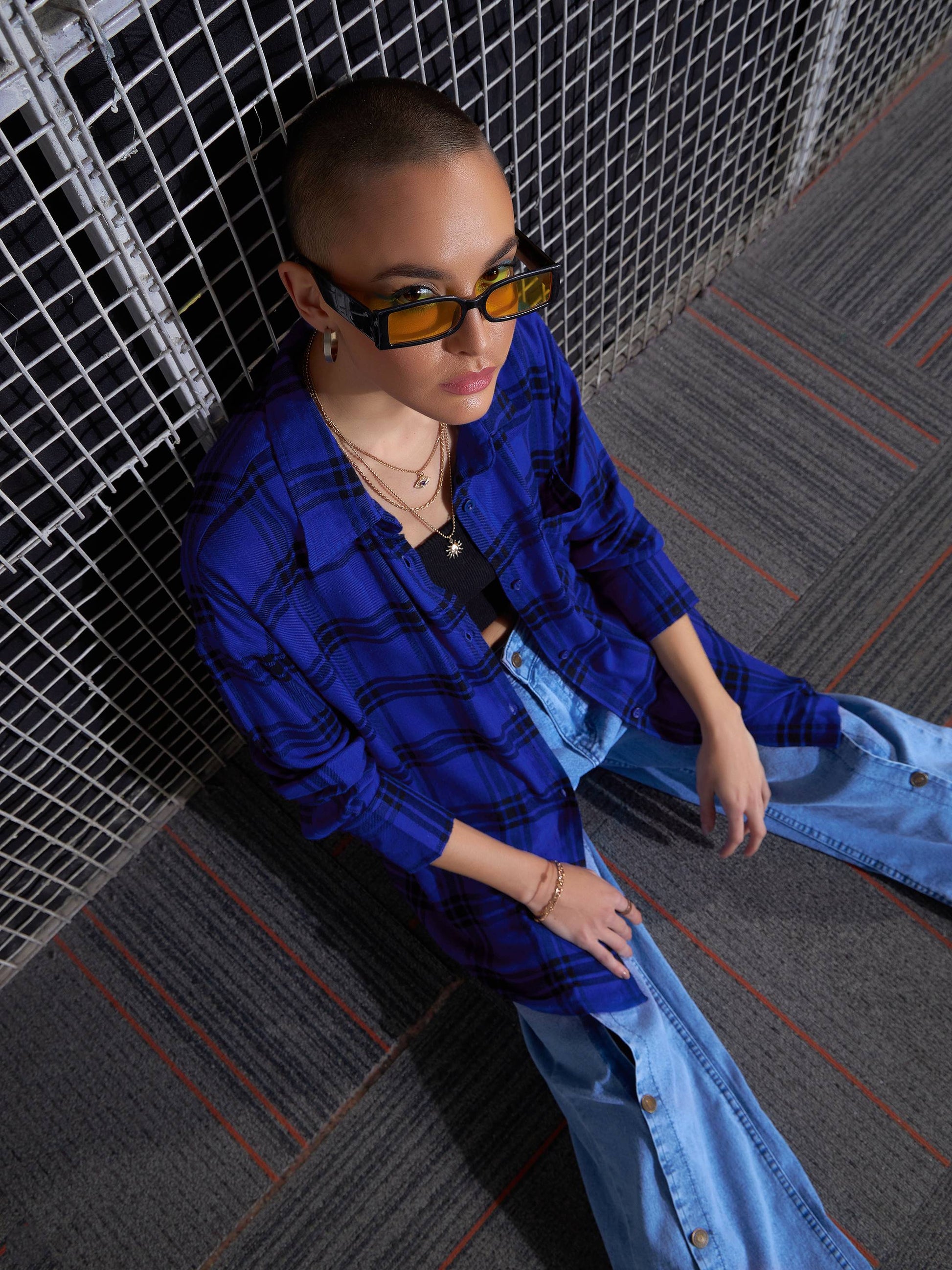 Royal Blue Yarn Dyed Check Oversized Shirt-SASSAFRAS