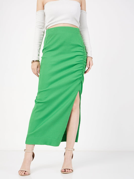 Women Green Rib Front Ruched Midi Skirt