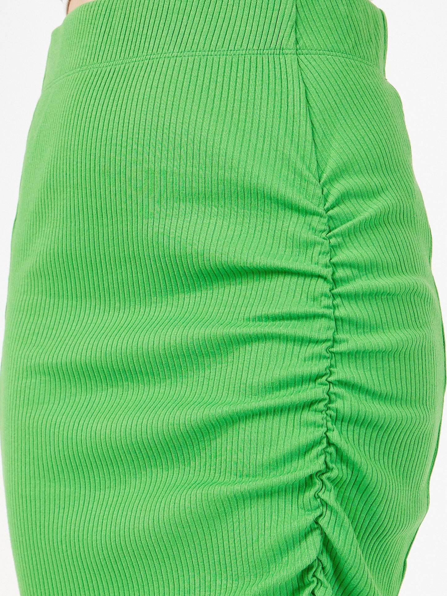 Women Green Rib Front Ruched Midi Skirt