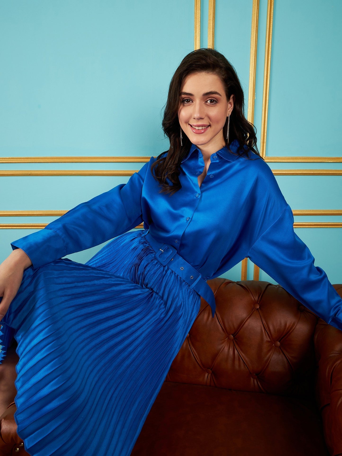 Women Royal Blue Satin Pleated Midi Skirt