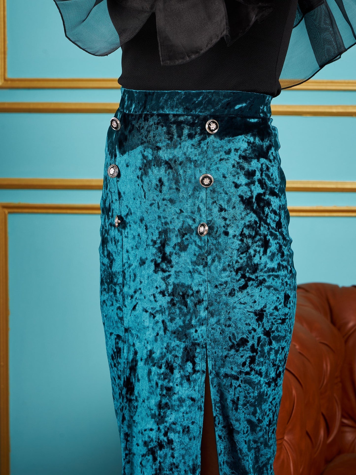 Emerald Velvet Front Button Midi Skirt-SASSAFRAS