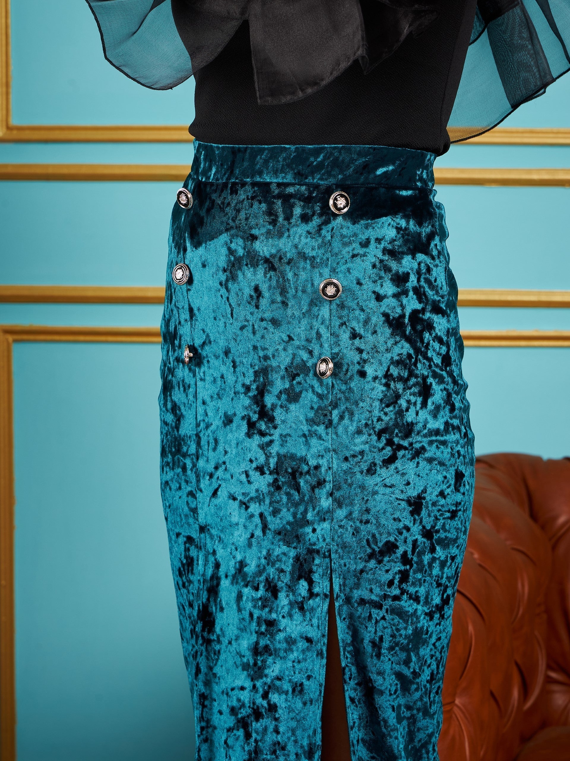 Emerald Velvet Front Button Midi Skirt-SASSAFRAS