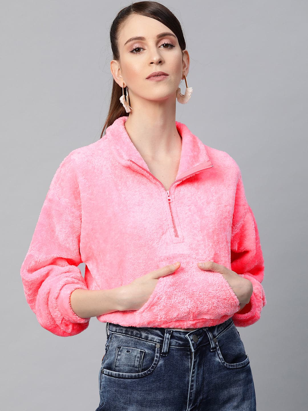 Pink Kangaroo Pocket Faux Fur Crop Sweatshirt-Sweatshirts-SASSAFRAS