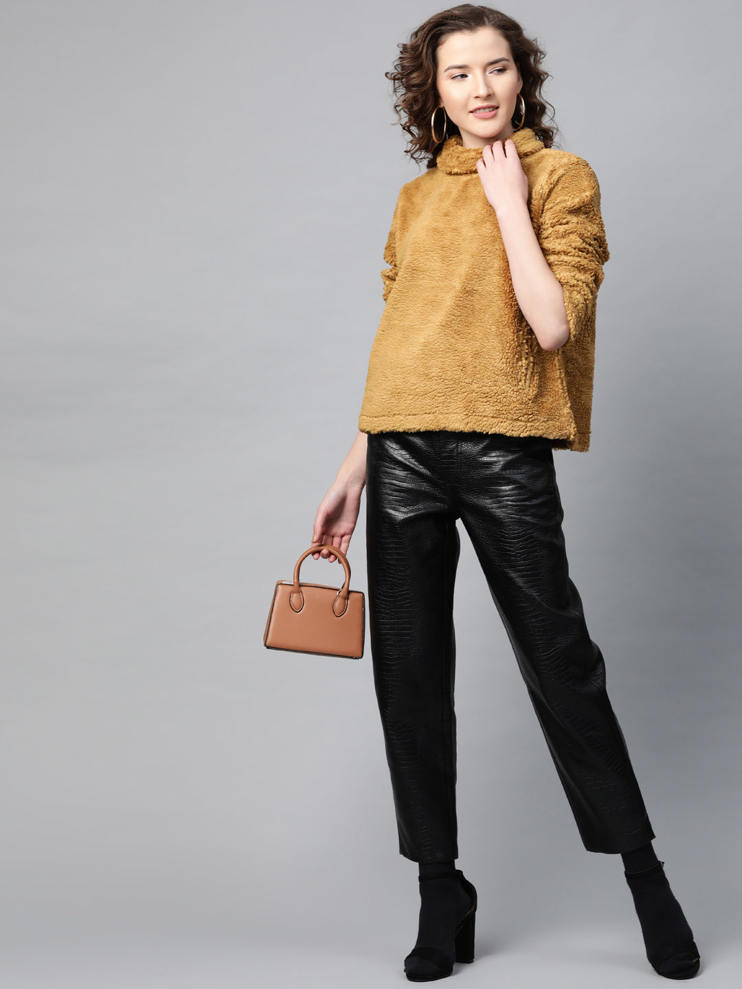 Mustard High Neck Faux Fur Sweatshirt