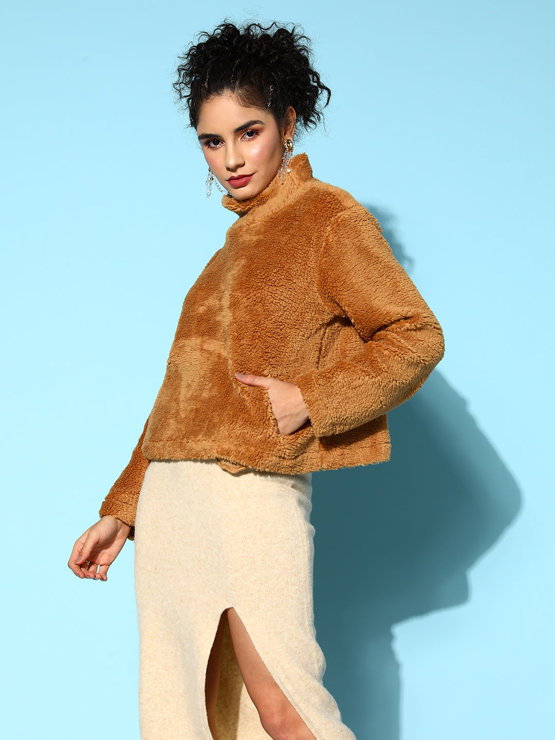 Mustard High Neck Faux Fur Sweatshirt-SASSAFRAS