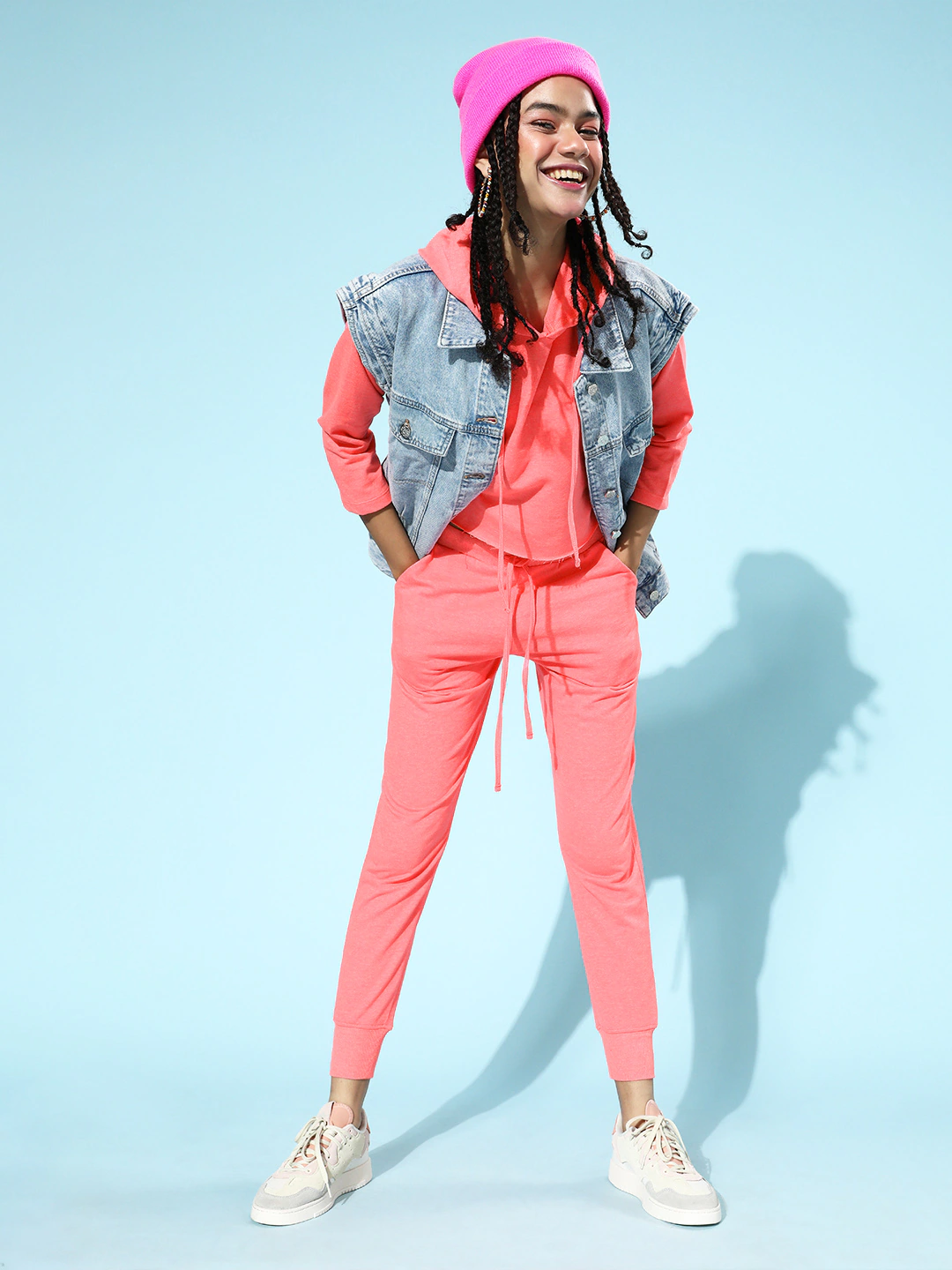 Neon Pink Drawstring Crop Hoodie-Sweatshirts-SASSAFRAS