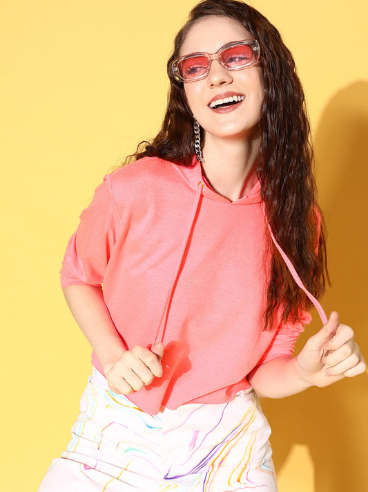 Neon Pink Drawstring Crop Hoodie-SASSAFRAS