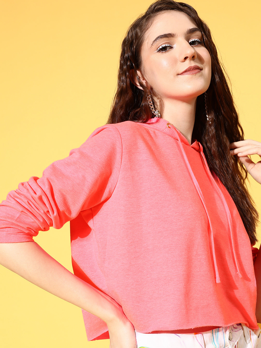 Neon Pink Drawstring Crop Hoodie-SASSAFRAS