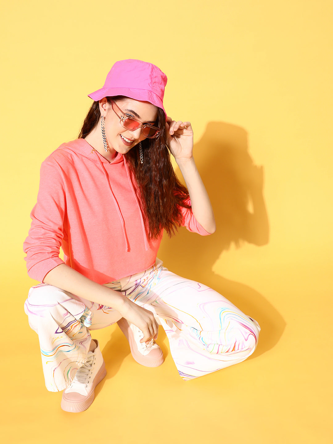 Neon Pink Drawstring Crop Hoodie-SASSAFRAS