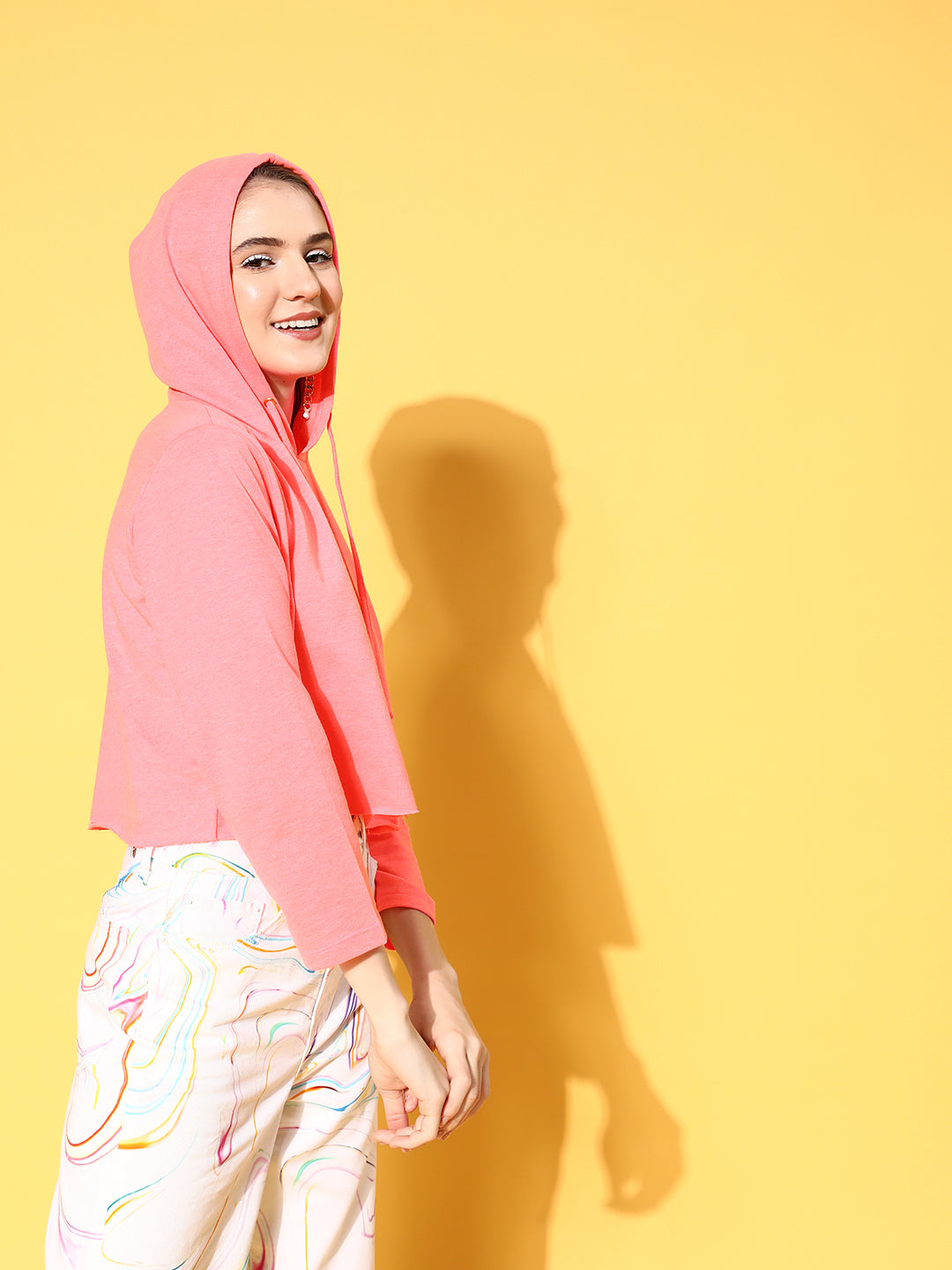 Neon Pink Drawstring Crop Hoodie-SASSAFRAS