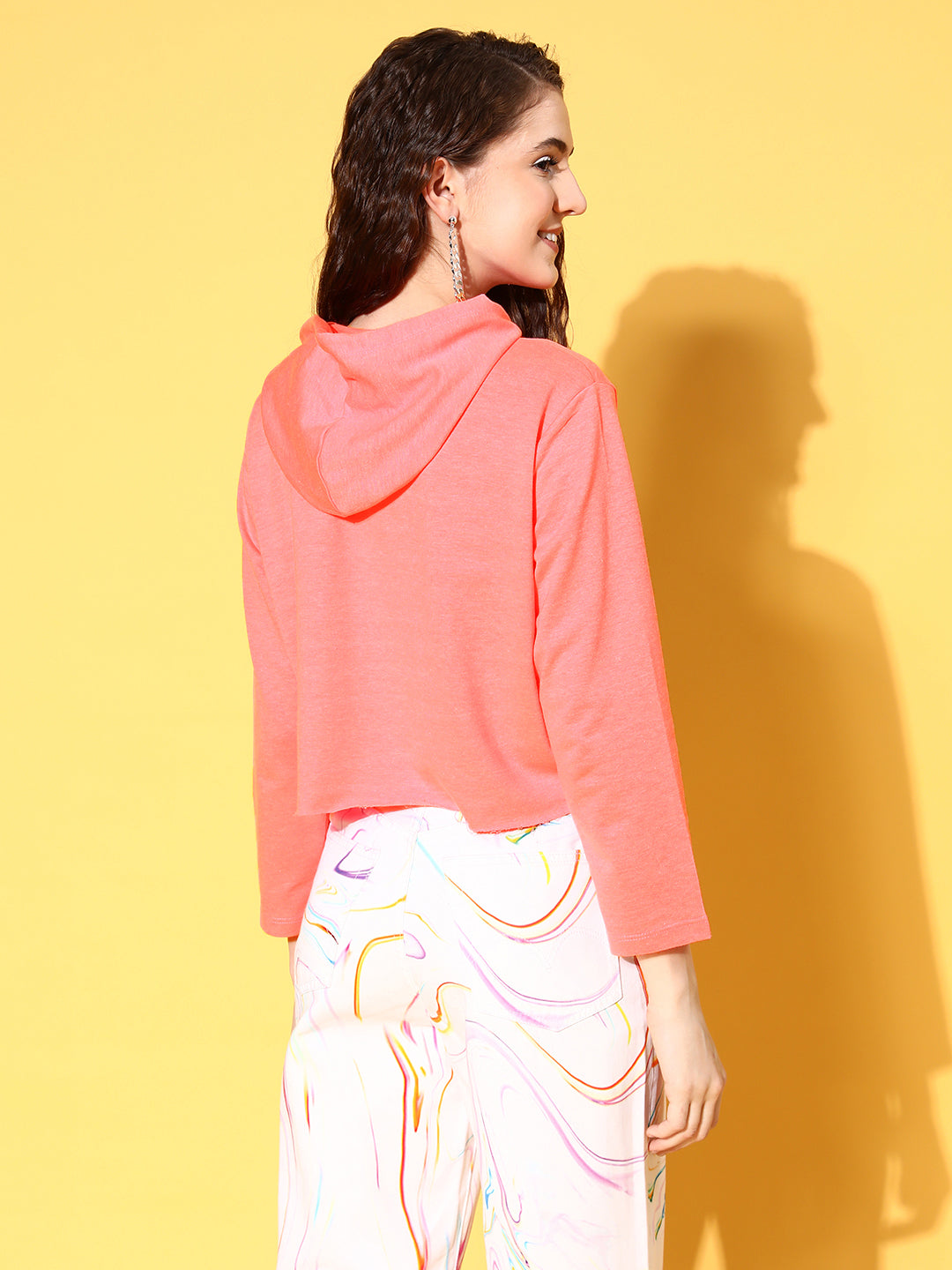 Neon Pink Drawstring Crop Hoodie-SASSAFRAS