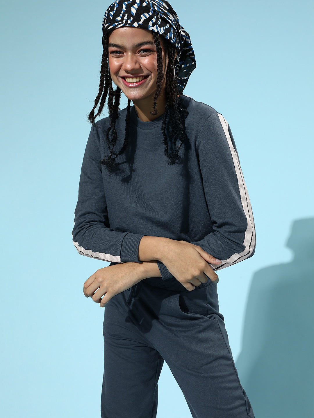 Navy Double Tape Boxy Crop Sweatshirt-SASSAFRAS