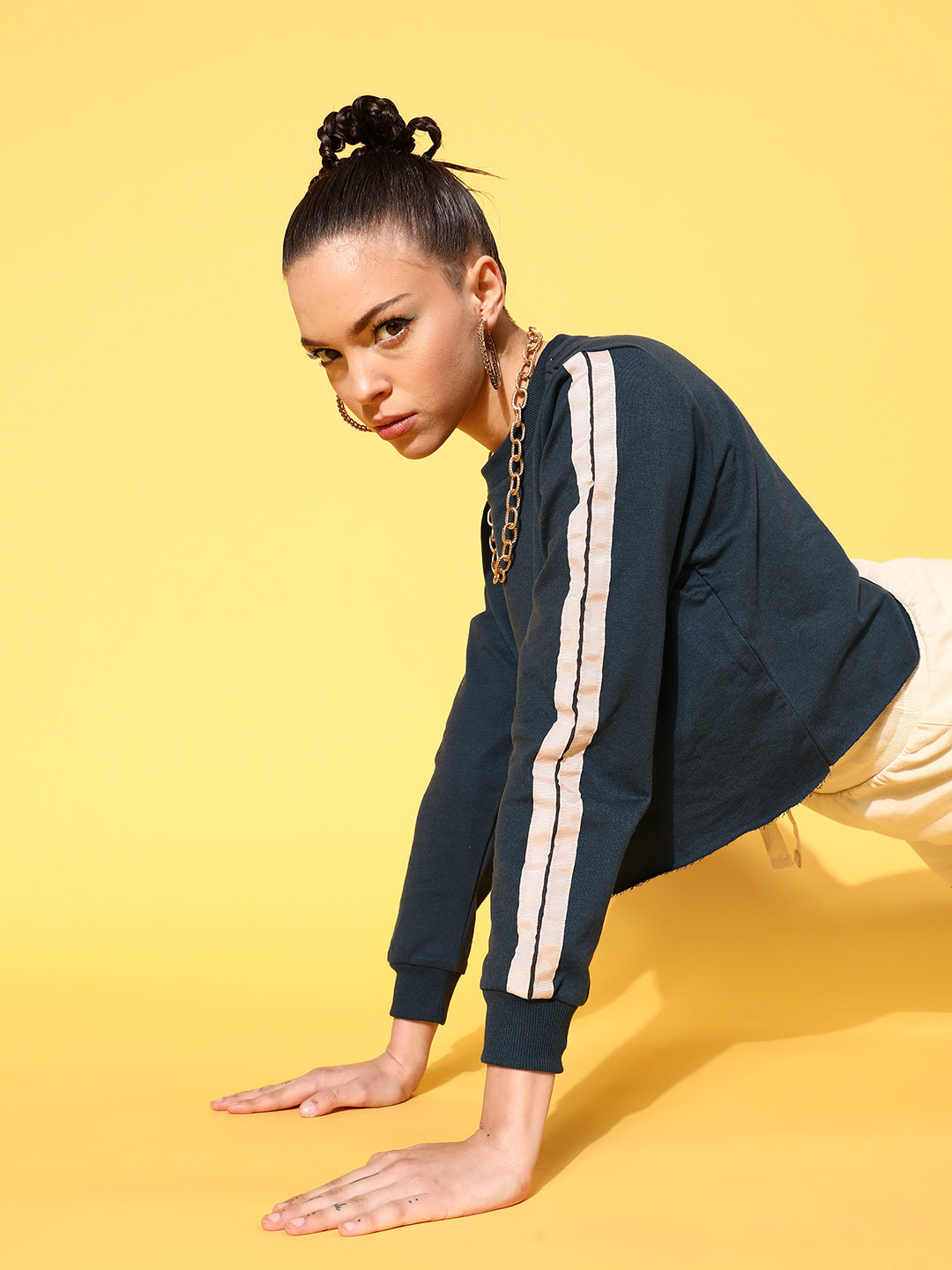 Navy Double Tape Boxy Crop Sweatshirt-SASSAFRAS
