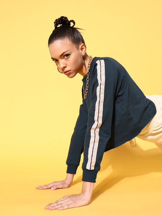 Navy Double Tape Boxy Crop Sweatshirt-SASSAFRAS