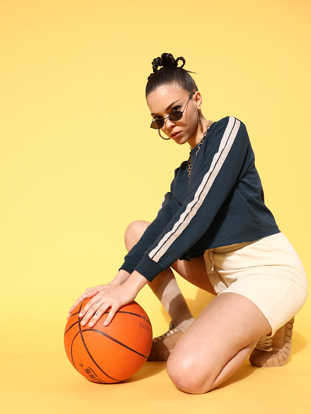 Navy Double Tape Boxy Crop Sweatshirt-SASSAFRAS