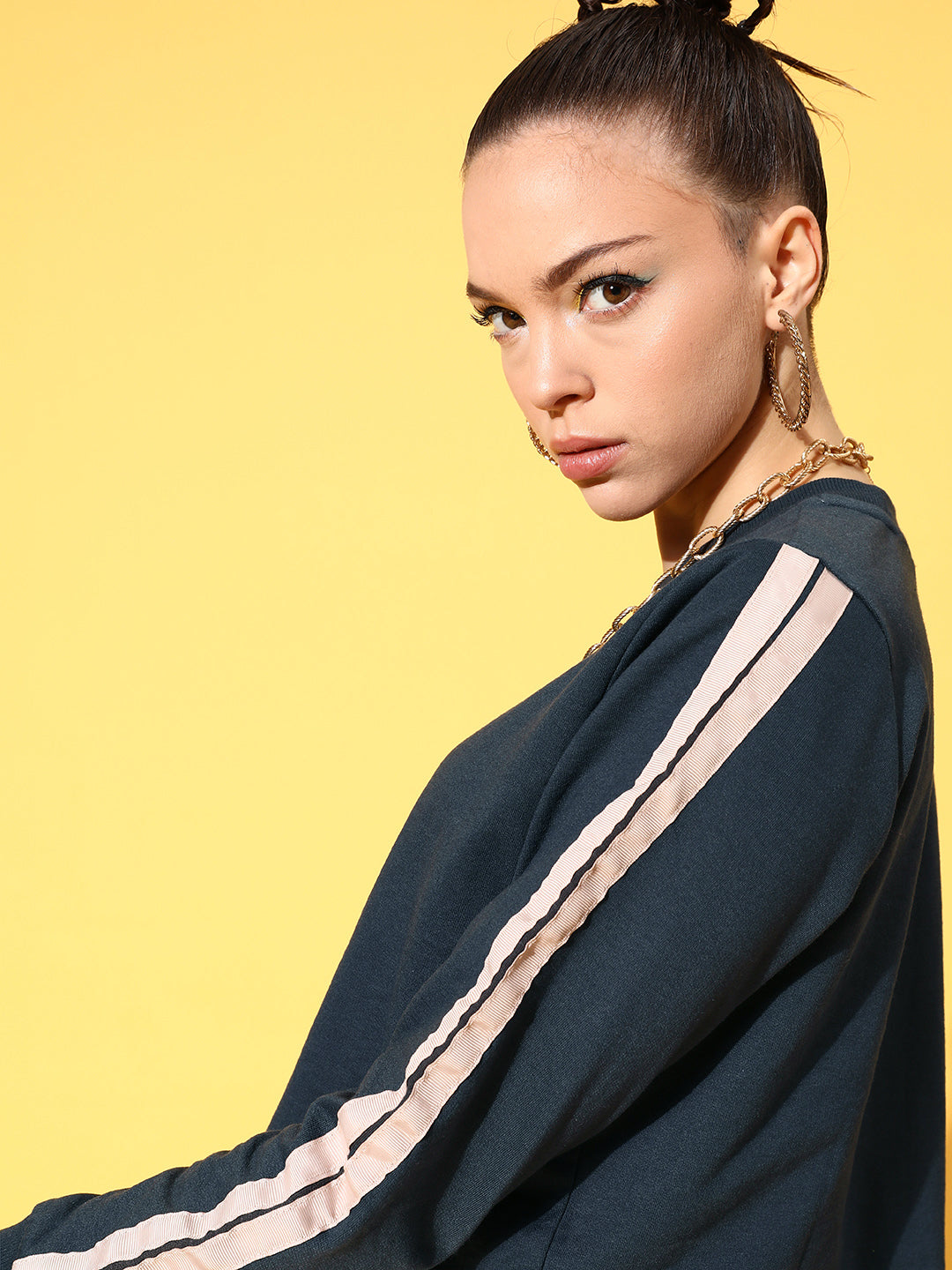 Navy Double Tape Boxy Crop Sweatshirt-SASSAFRAS