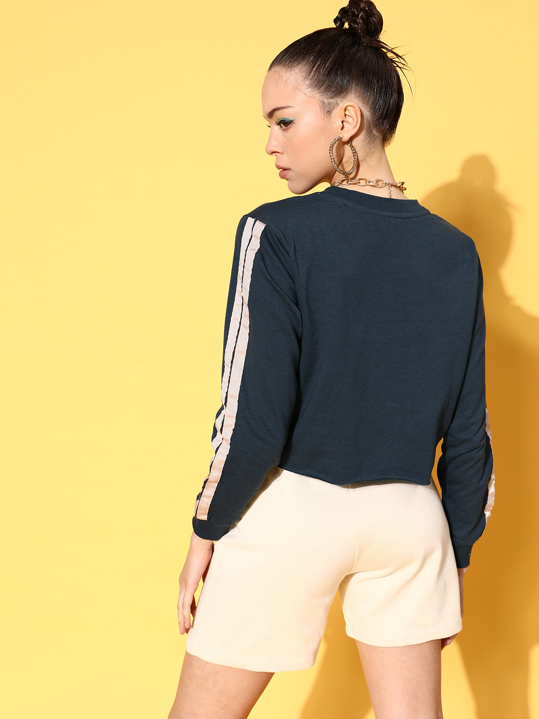 Navy Double Tape Boxy Crop Sweatshirt-SASSAFRAS