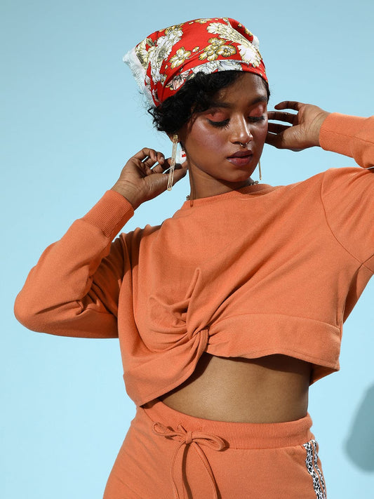 Coral Terry Twisted Crop Sweatshirt-Sweatshirts-SASSAFRAS