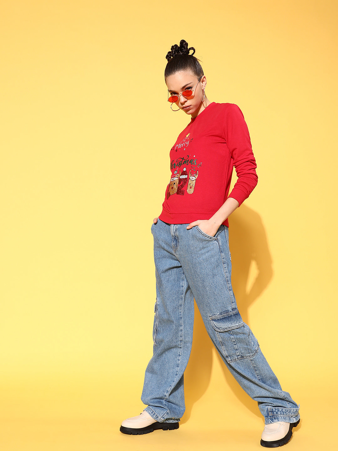Red MERRY CHRISTMAS Terry Print Sweatshirt-SASSAFRAS