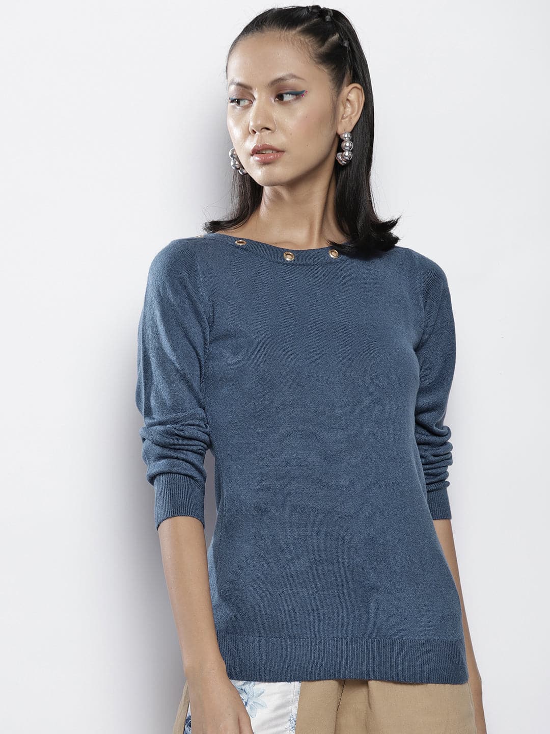 Blue Rib Boat Neck Full Sleeves Sweater-SASSAFRAS