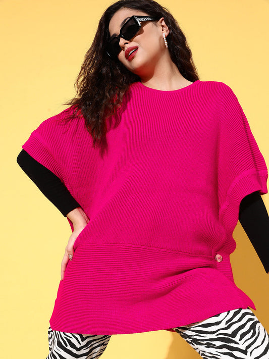 Fuchsia Knit Side Button Poncho Sweater-SASSAFRAS