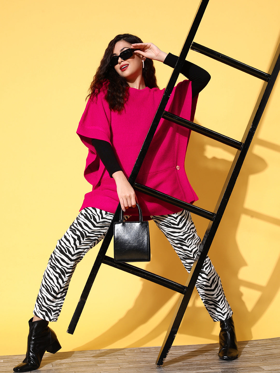 Fuchsia Knit Side Button Poncho Sweater-SASSAFRAS