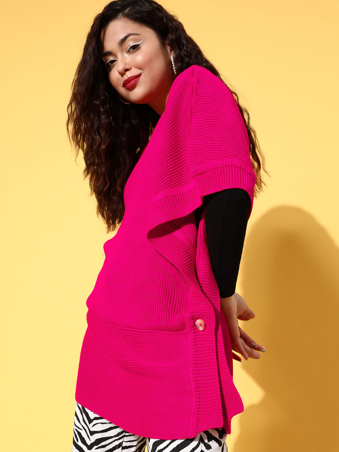 Fuchsia Knit Side Button Poncho Sweater-SASSAFRAS