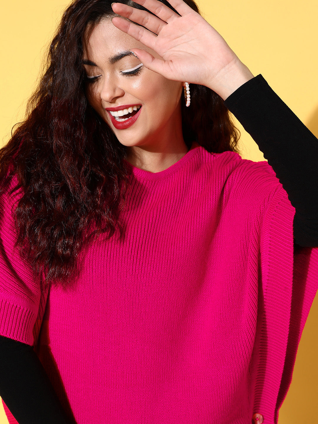 Fuchsia Knit Side Button Poncho Sweater-SASSAFRAS
