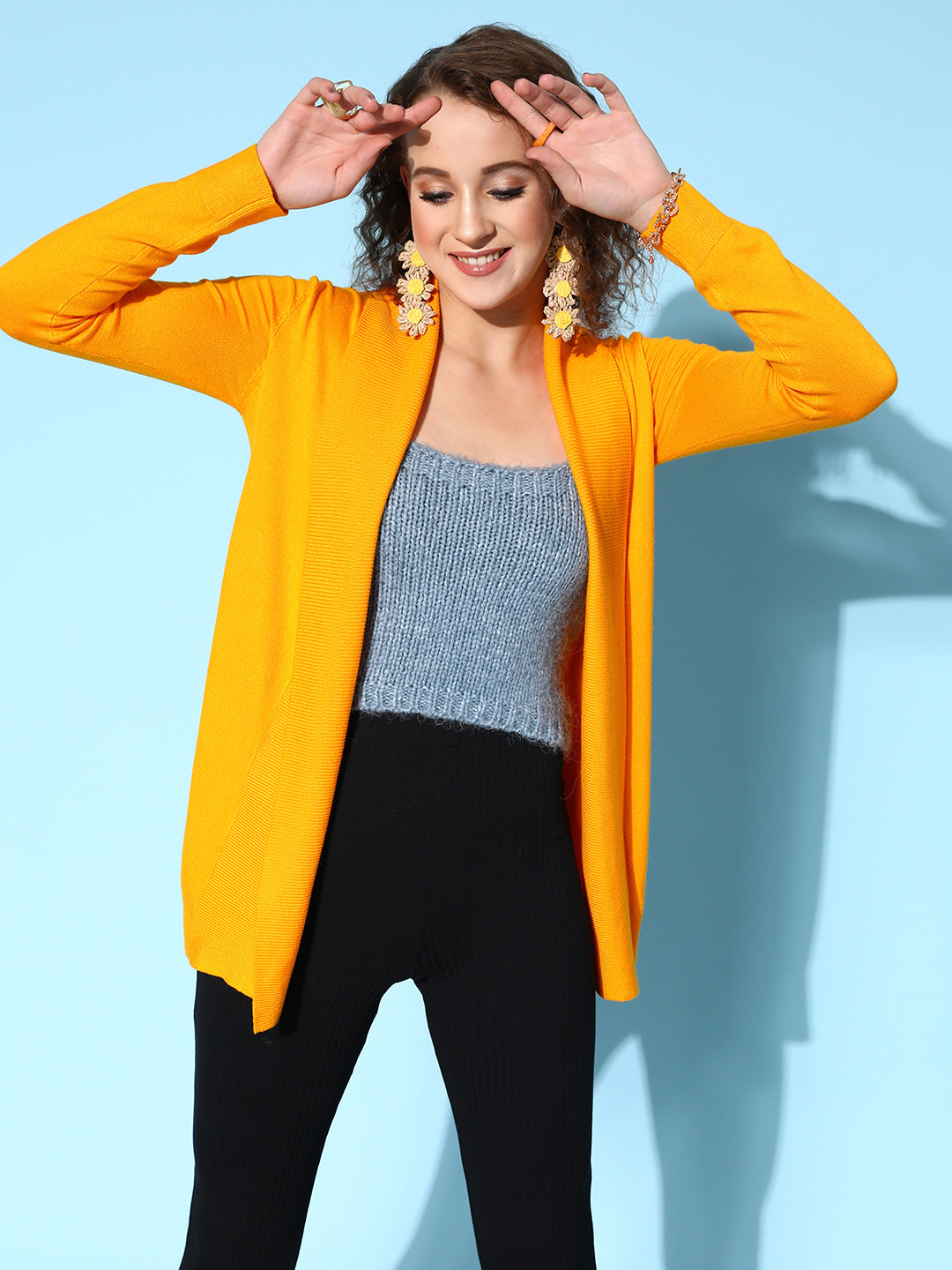 Mustard Shawl Collar Front Open Sweater-SASSAFRAS