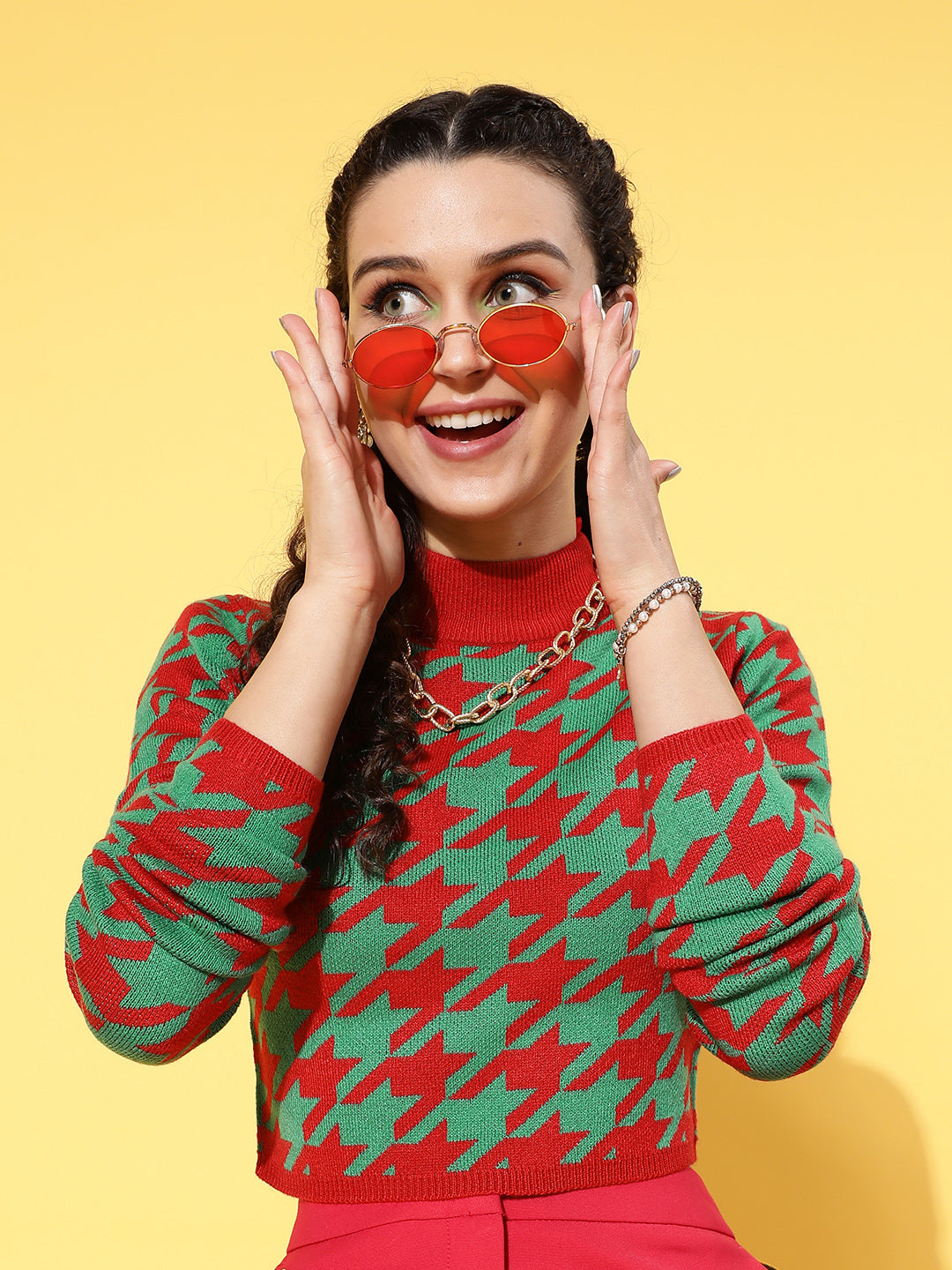Red And Green Houndstooth Crop Sweater-SASSAFRAS