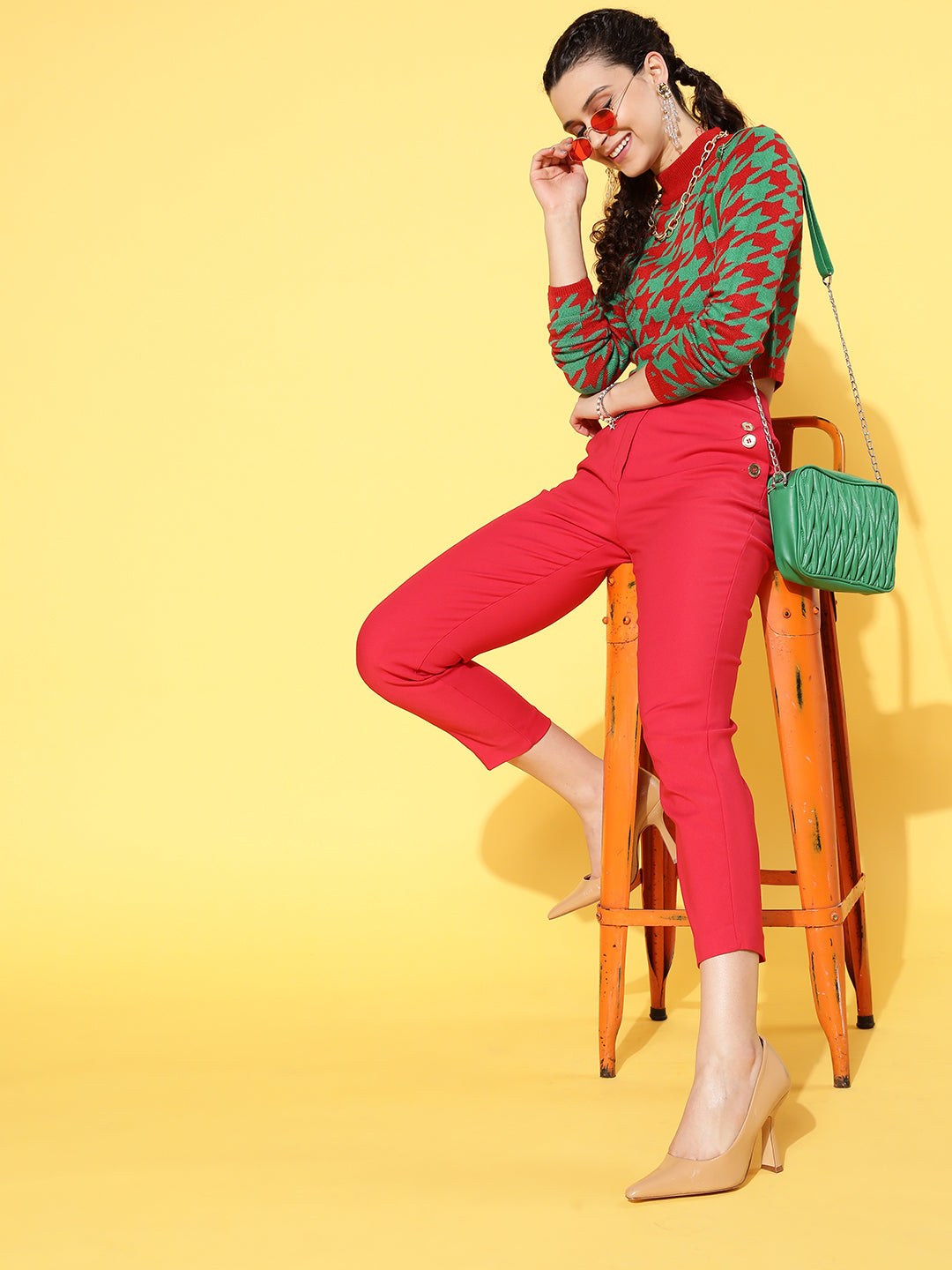 Red And Green Houndstooth Crop Sweater-SASSAFRAS