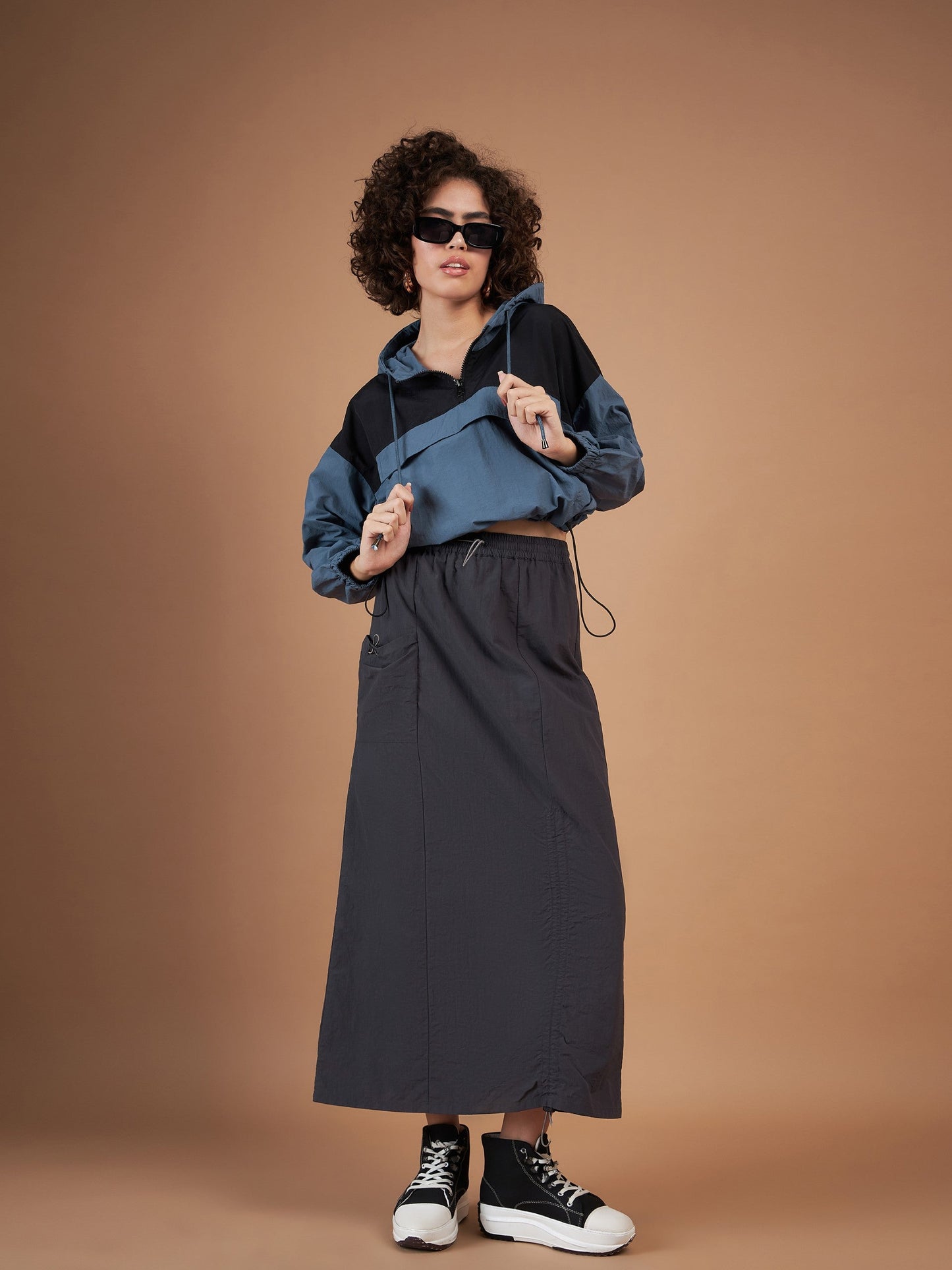 Women Black Colourblock Parachute Hoodie